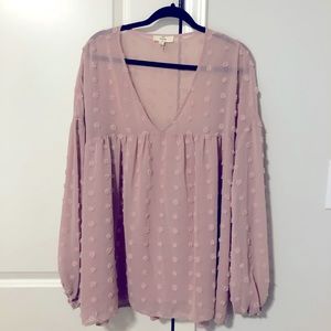 Dusty Rose Pom Pom Polka Dot Long Sleeve Blouse
